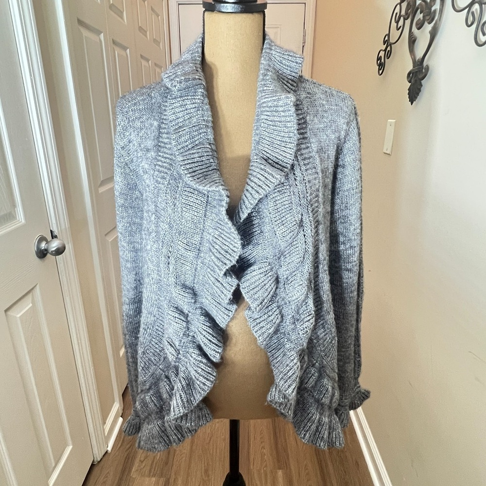 Chico's Heather Gray Ruffled Open Cardigan